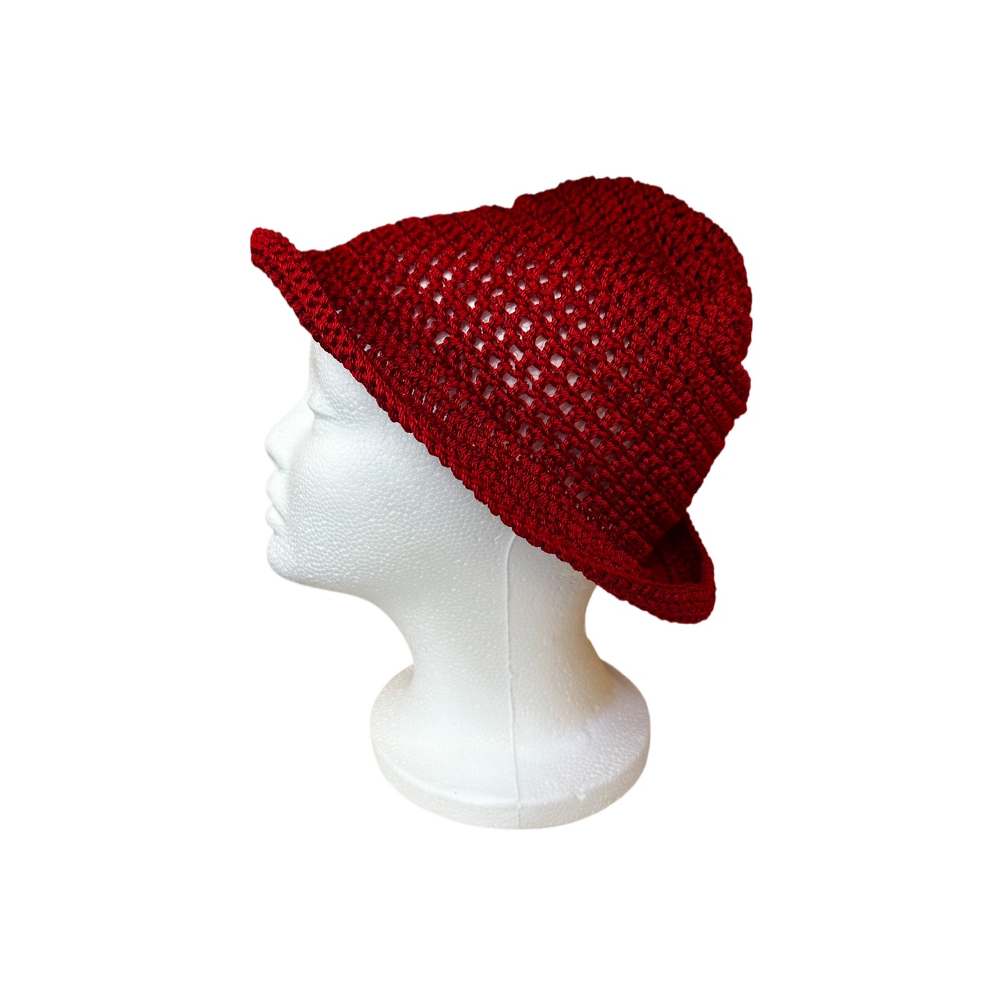 X. Crochet Red Nylon Thread Bucket Hat (OS)