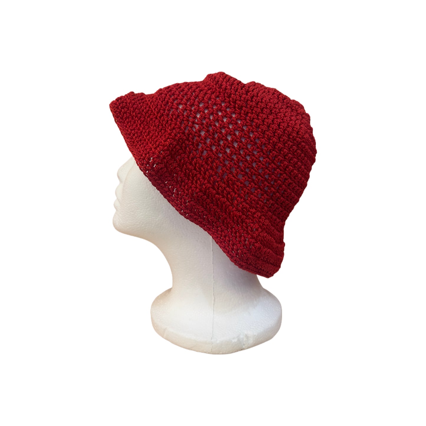 X. Crochet Red Nylon Thread Bucket Hat (OS)