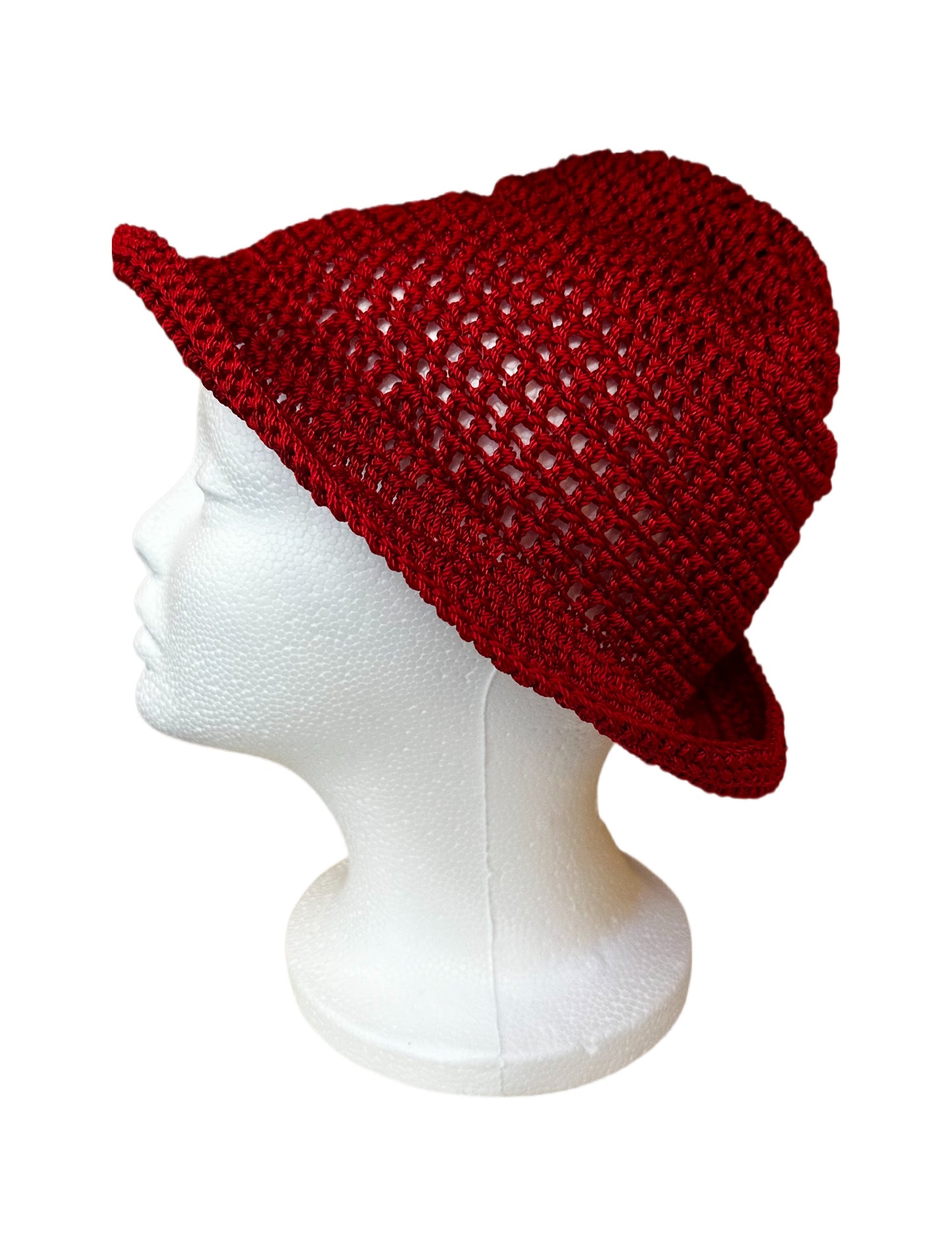 X. Crochet Red Nylon Thread Bucket Hat (OS)